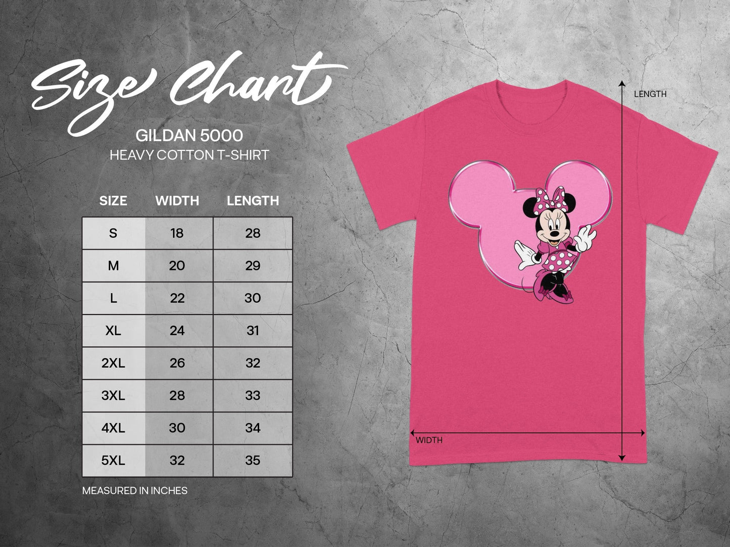 Minnie Mouse Ears Pink Character GILDAN 5000 Size Chart product type