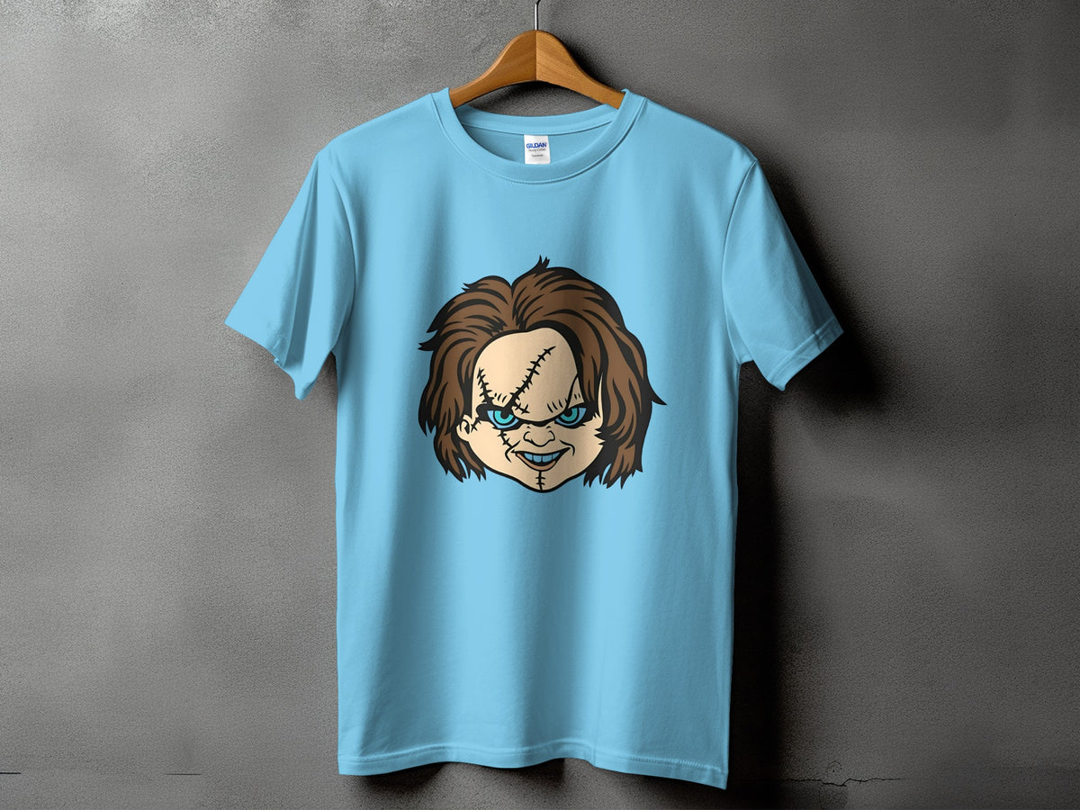 Light blue t-shirt with Chucky doll face graphic and Gildan tag.