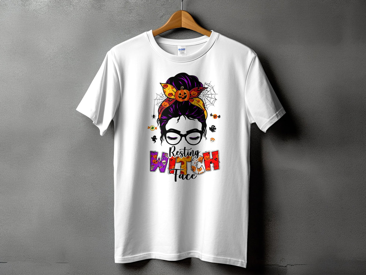 White t-shirt with Halloween graphic reading "Resting Witch Face."