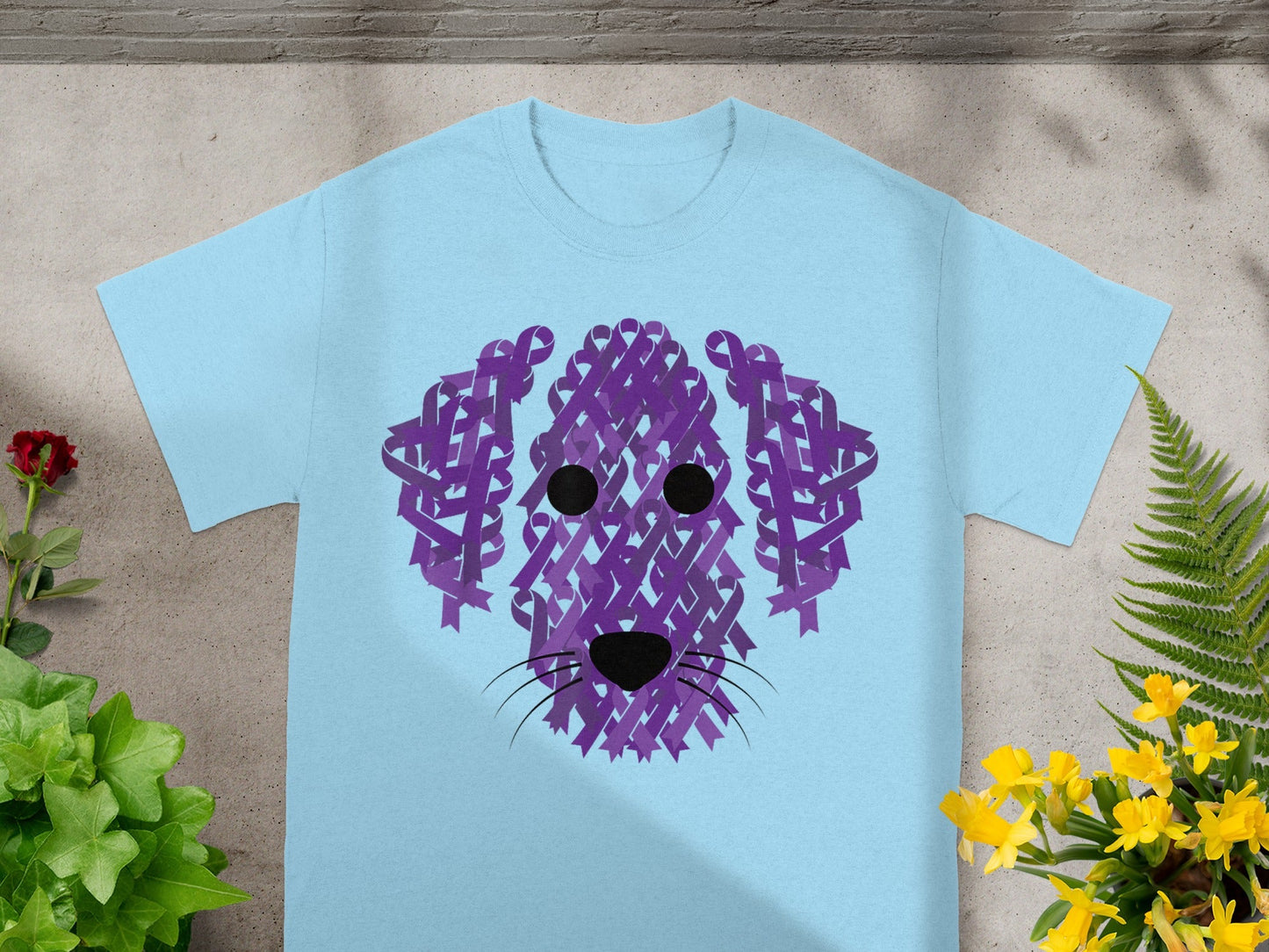 Cute Purple Dog Design on Light Blue Shirt