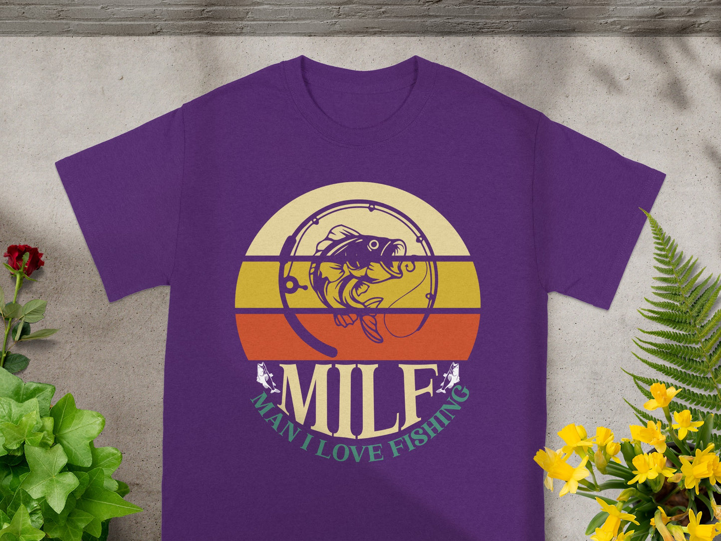 Purple t-shirt with retro fishing graphic and text MILF MAN I LOVE FISHING.