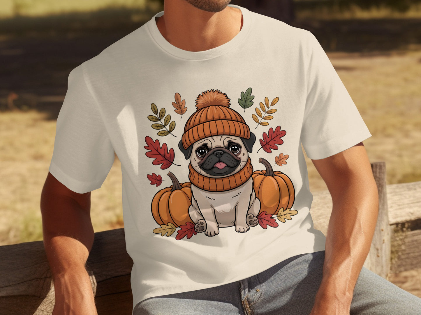 Cute Pug with Pumpkins and Fall Leaves T-Shirt