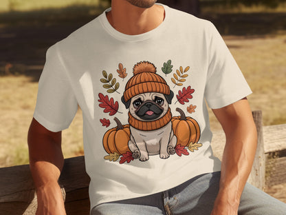 Cute Pug with Pumpkins and Fall Leaves T-Shirt