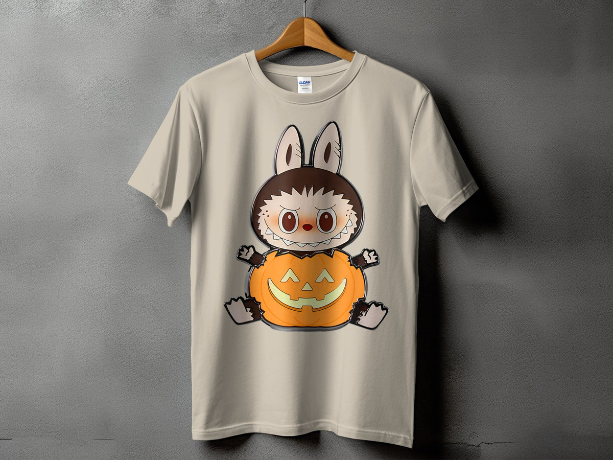 T-shirt with a cartoon character sitting on a jack-o'-lantern.
