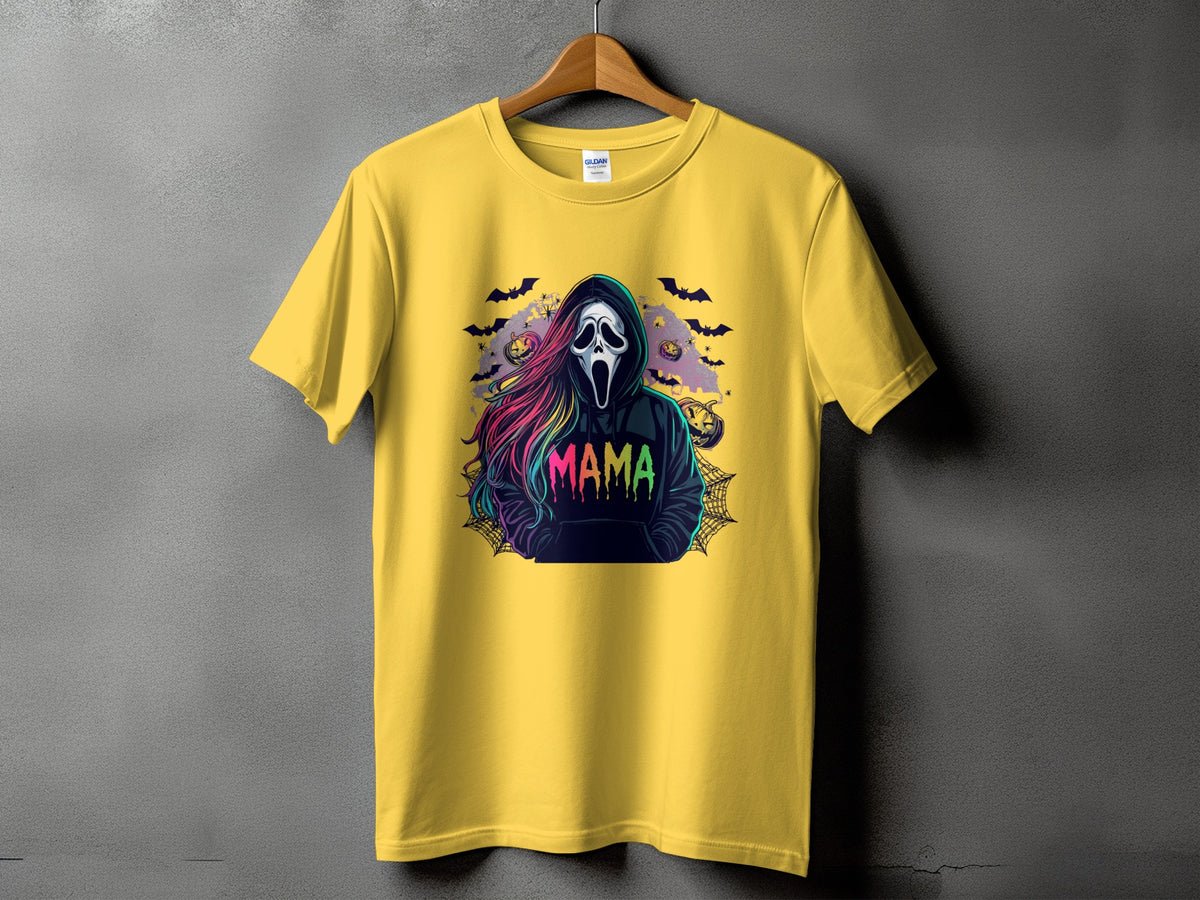 Yellow t-shirt with a Halloween graphic of a ghost face and the word "MAMA".