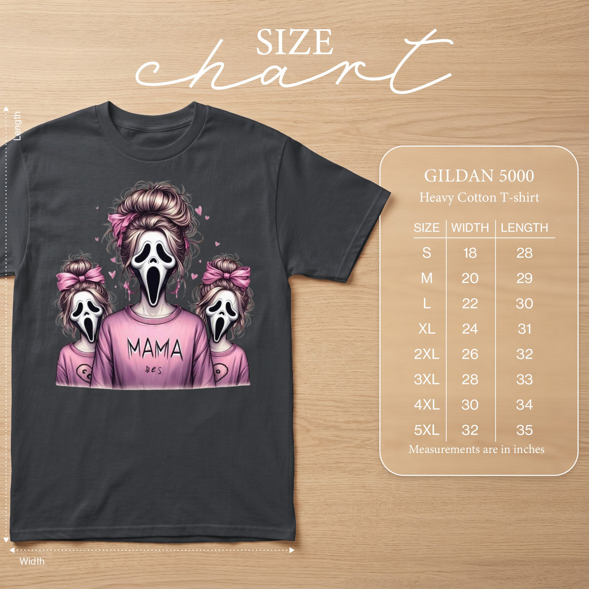 Dark gray t-shirt with "MAMA bes" and ghost faces graphic, with Gildan 5000 size chart.