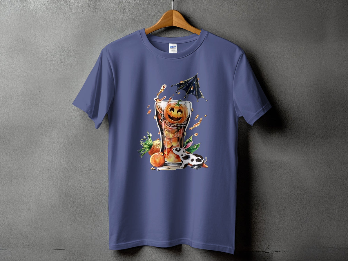 Purple t-shirt with a Halloween graphic of a drink with a pumpkin face and a bunny.