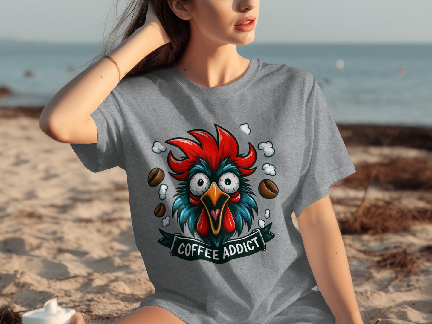 Coffee Addict Funny Rooster Graphic Tee Shirt