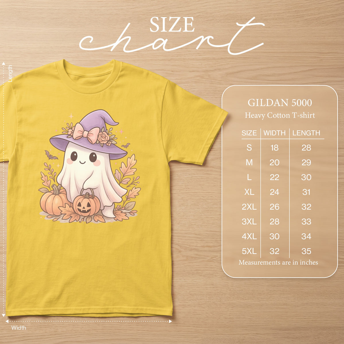 Yellow Gildan 5000 t-shirt with ghost graphic and size chart.