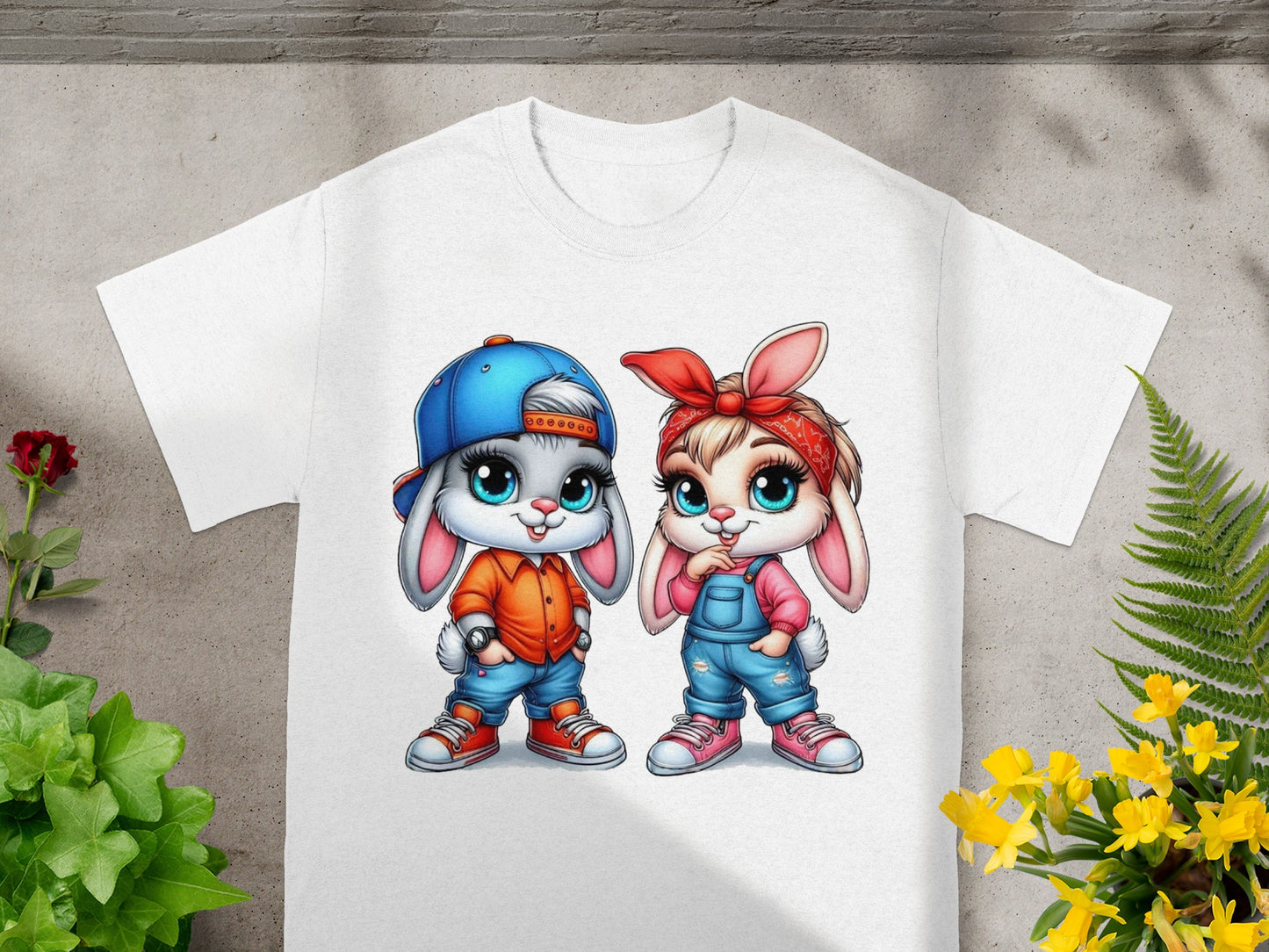 Two cartoon rabbits in colorful clothes.
