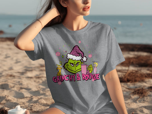 Grinchy and Bougie Graphic Tee with Festive Holiday Style
