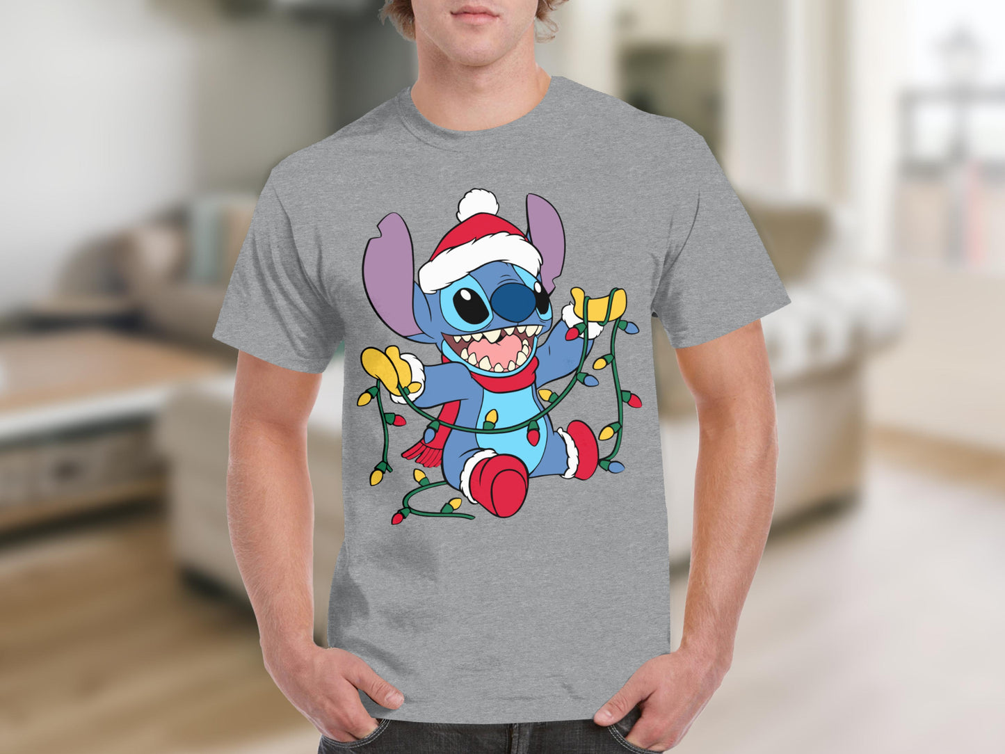 Festive Stitch Wearing Santa Hat Christmas Lights Shirt
