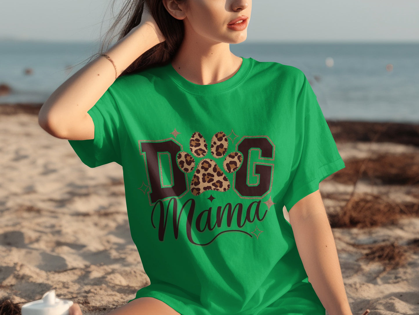 Dog Mama Leopard Print Paw Green T-Shirt