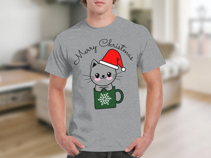 Merry Christmas Cute Cat with Santa Hat T-Shirt