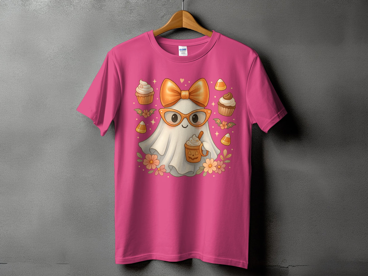 Pink t-shirt with a Halloween ghost graphic holding a pumpkin spice latte.