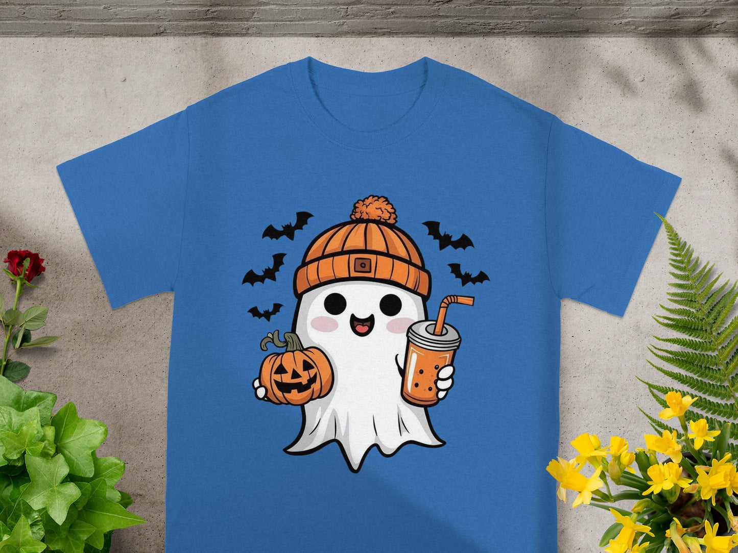Cute ghost in beanie holding pumpkin and bubble tea, surrounded by bats.