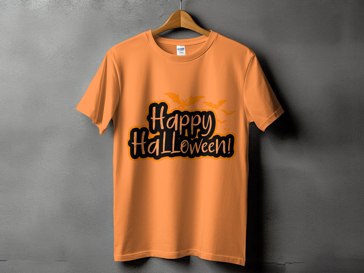 Orange t-shirt with "Happy Halloween!" text and bats graphic.