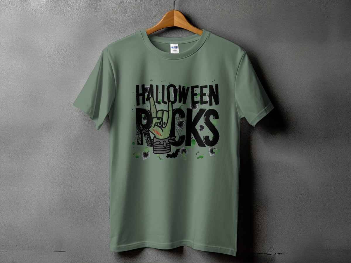 Green t-shirt with "Halloween Rocks" text and spooky graphics.