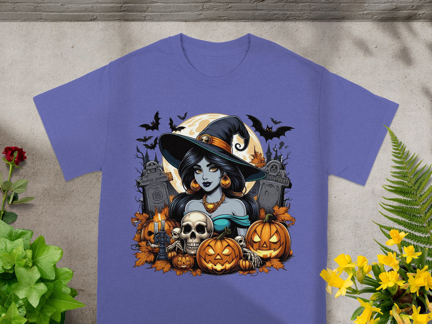 Halloween graphic with witch, pumpkins, skulls, bats, tombstones, and full moon.
