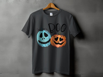 Dark gray t-shirt with "BOO" text and two pumpkins for Halloween.