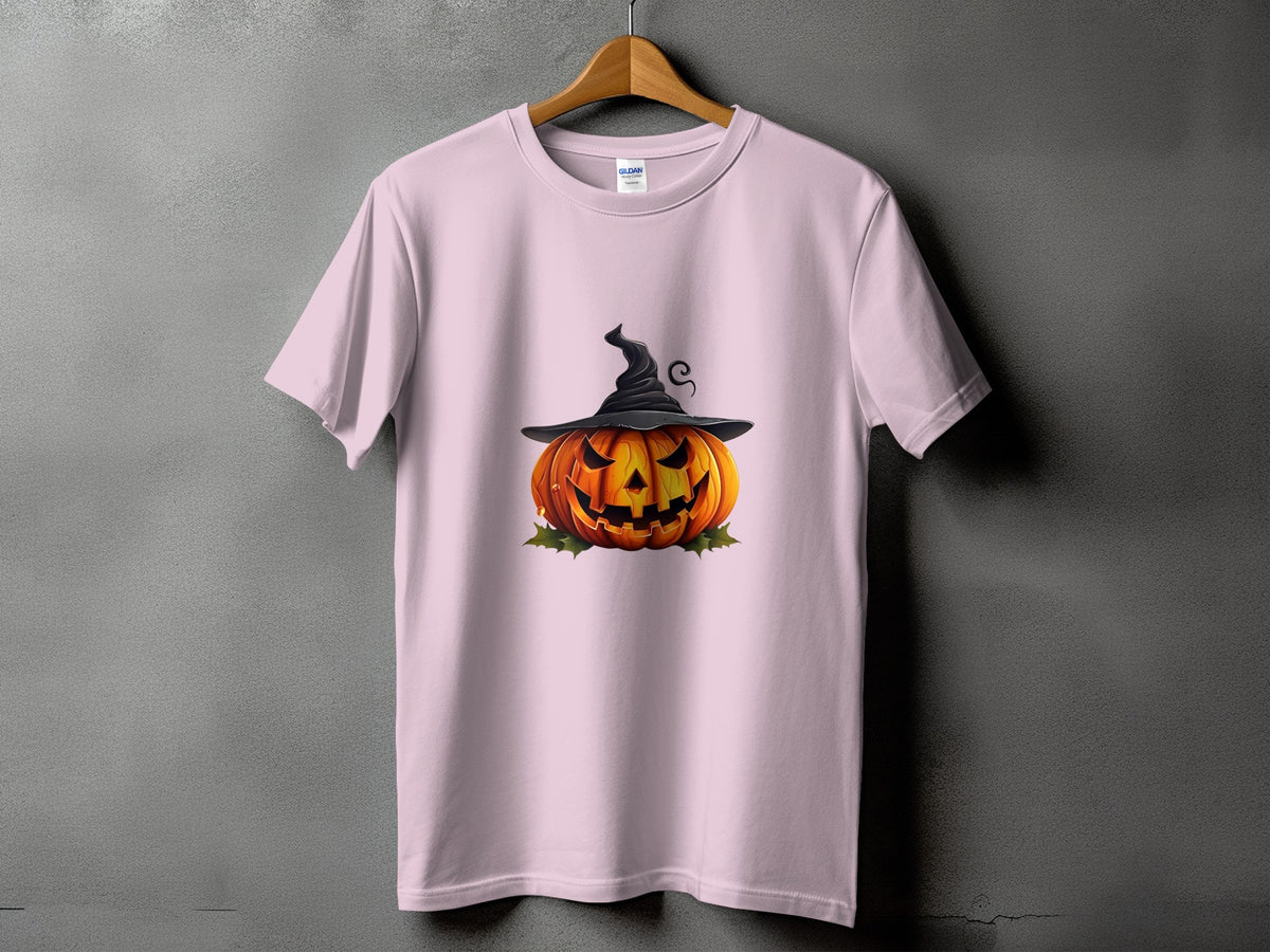 Pink t-shirt featuring a carved jack-o'-lantern wearing a witch hat.