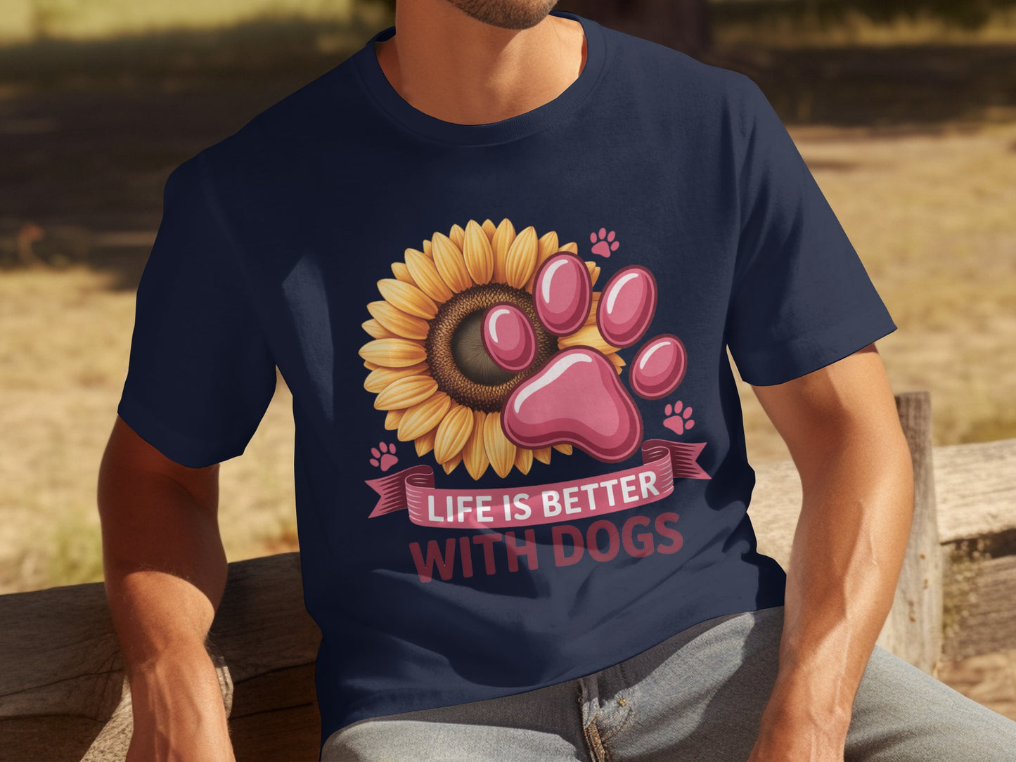Life Is Better with Dogs Sunflower Paw Print T-shirt