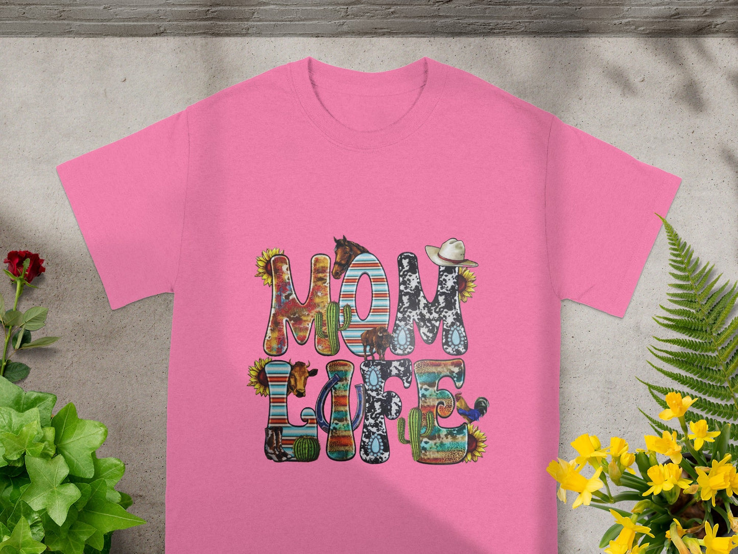 Mom Life Colorful Western Design Pink T-Shirt