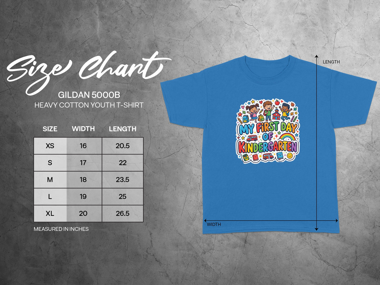 Gildan 5000B youth t-shirt with "My First Day of Kindergarten" graphic and size chart.