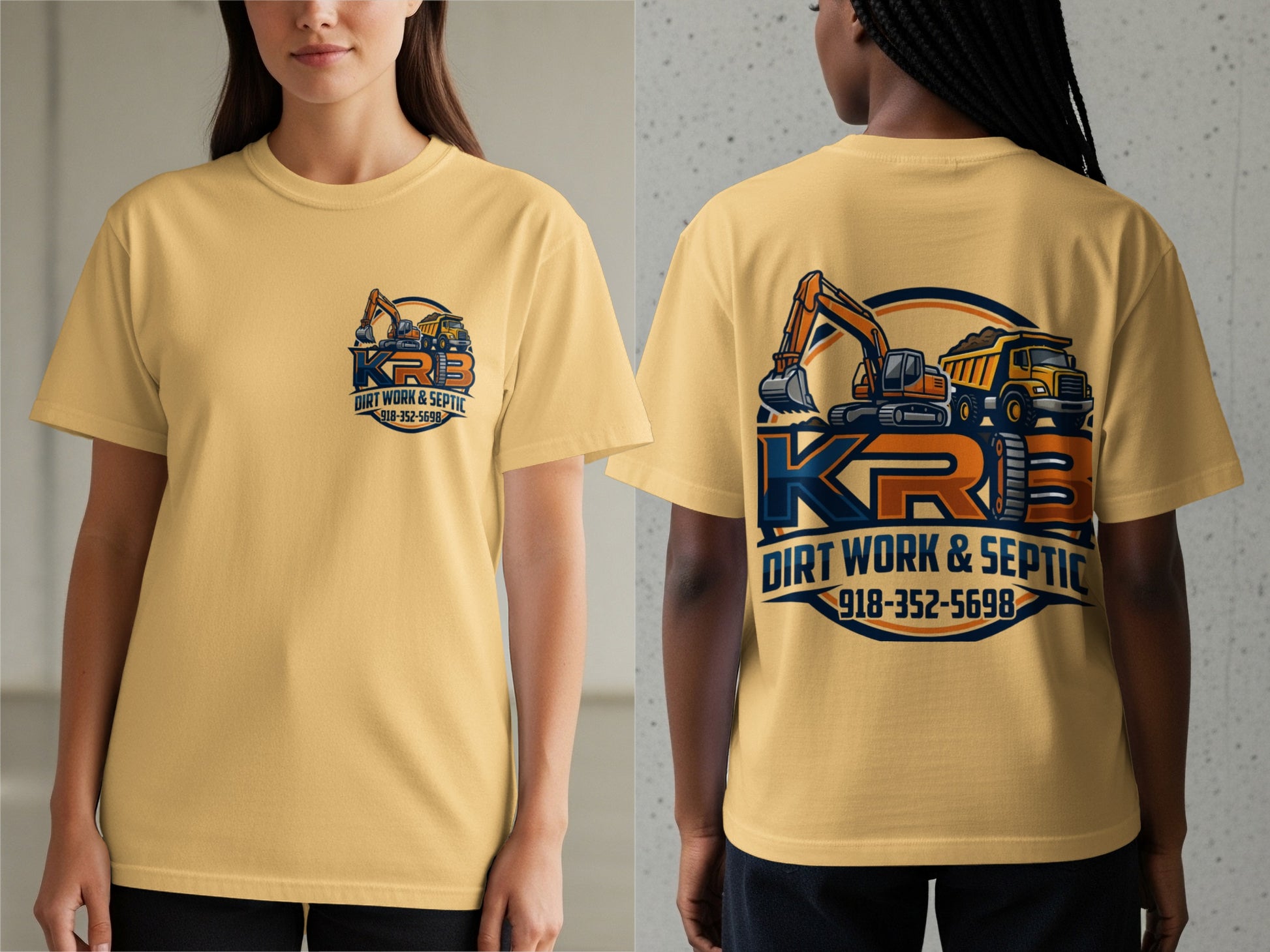 Yellow t-shirt with KRB Dirt Work & Septic logo and phone number 918-352-5698.