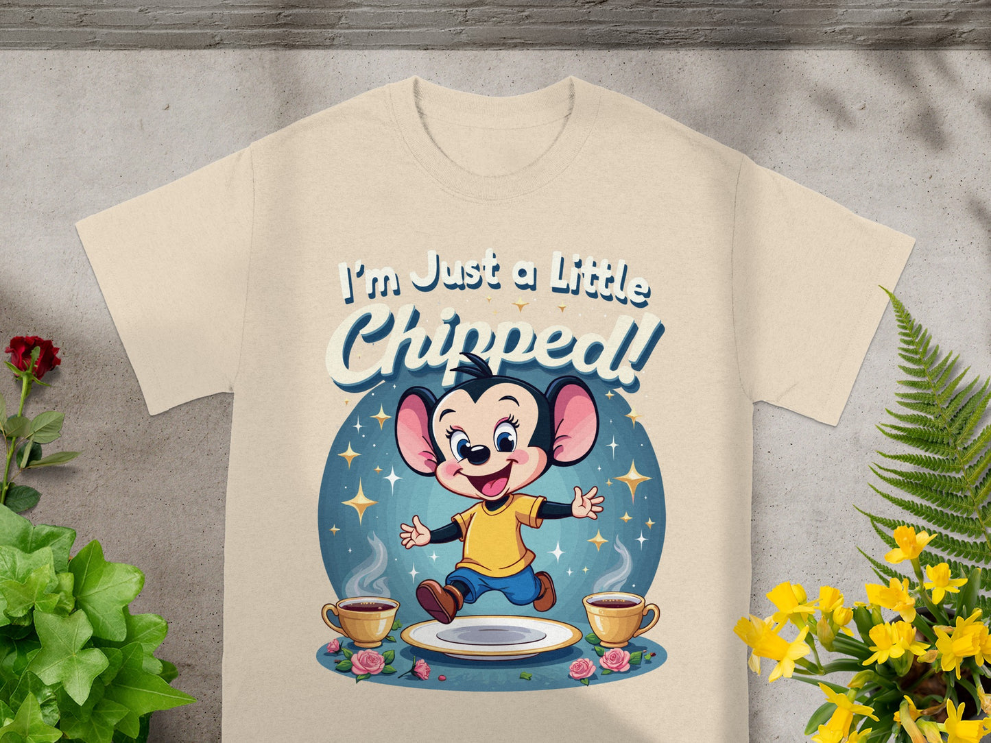 Cartoon mouse saying "I'm Just a Little Chipped!" near coffee cups and a plate.