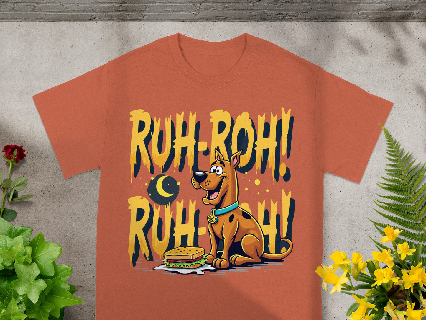 Scooby-Doo on an orange shirt with a sandwich and "Ruh-Roh!" text.
