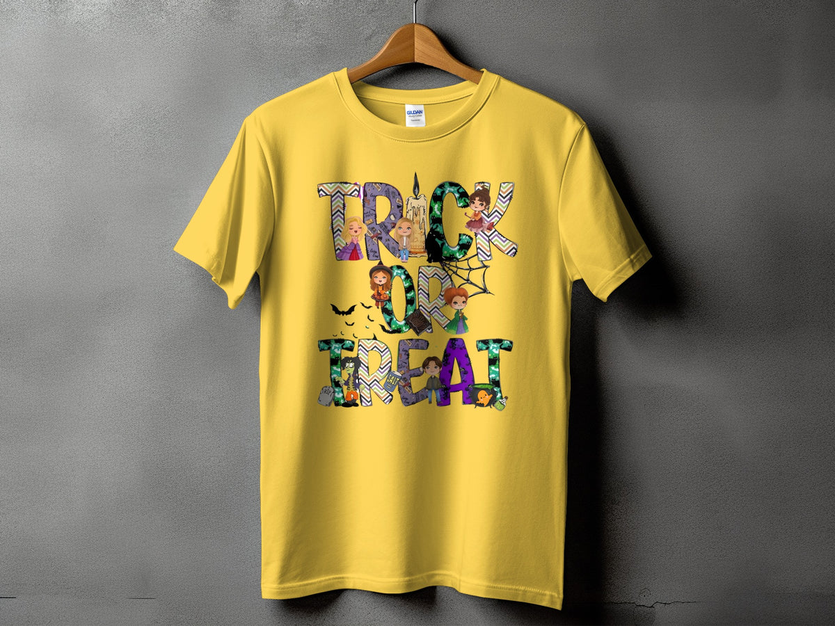 Yellow t-shirt with "Trick or Treat" text and Halloween-themed characters.