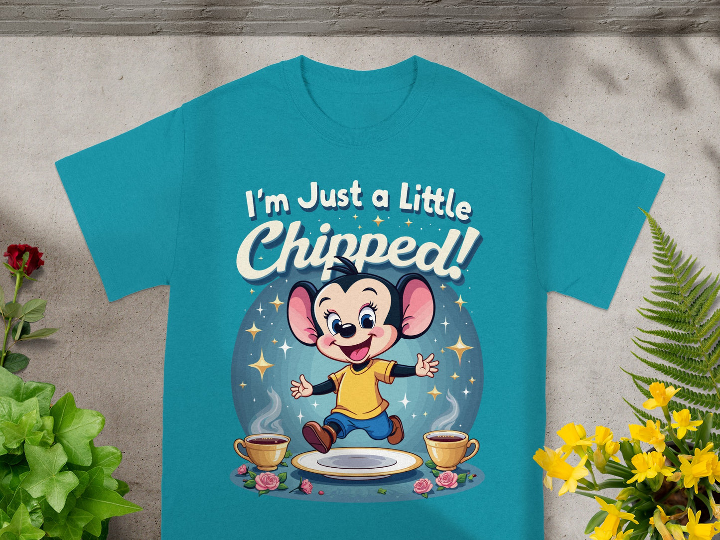 Cartoon mouse with text "I'm Just a Little Chipped!" and two cups of coffee.