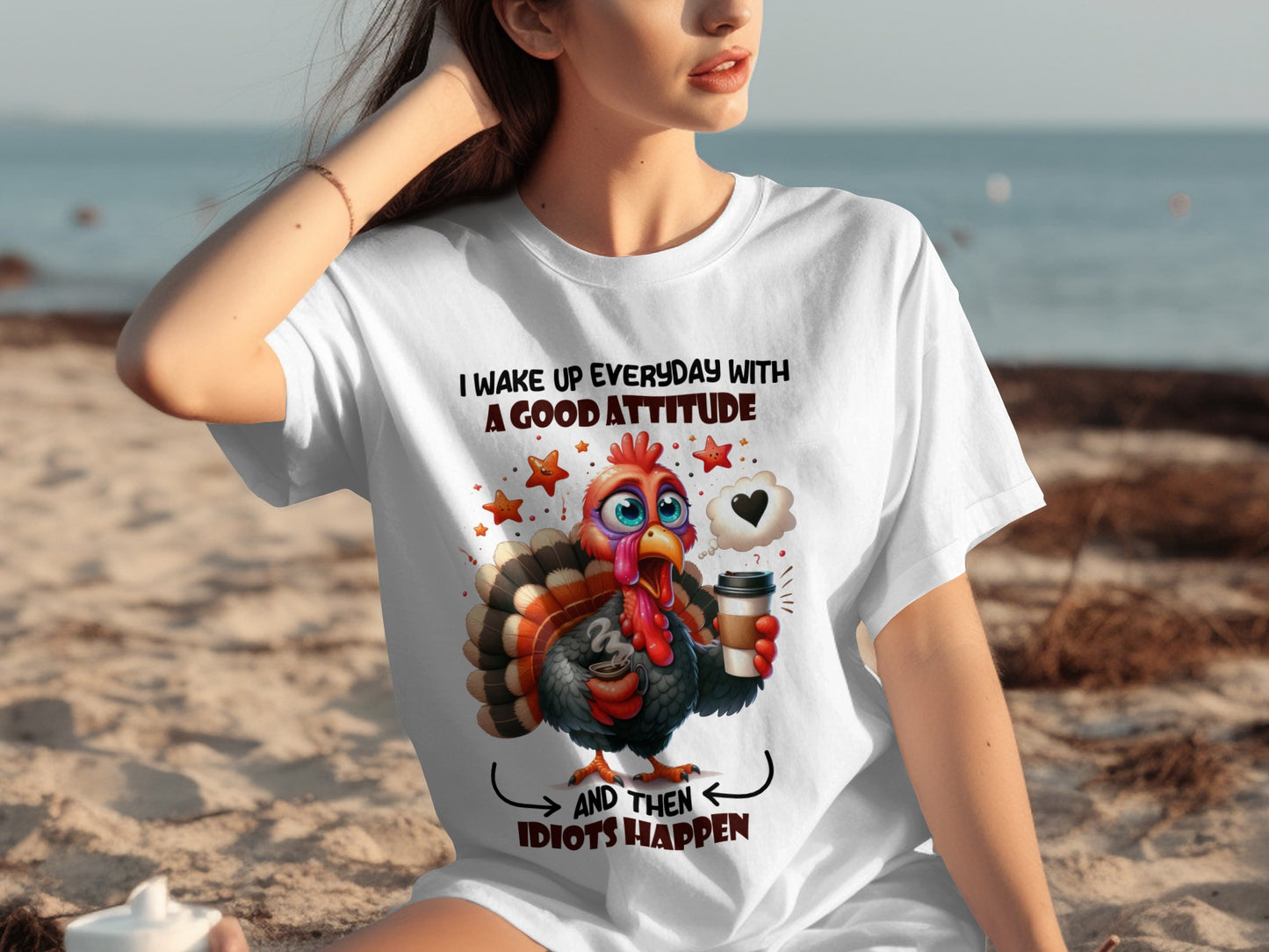 Funny Good Attitude Turkey With Coffee T-Shirt