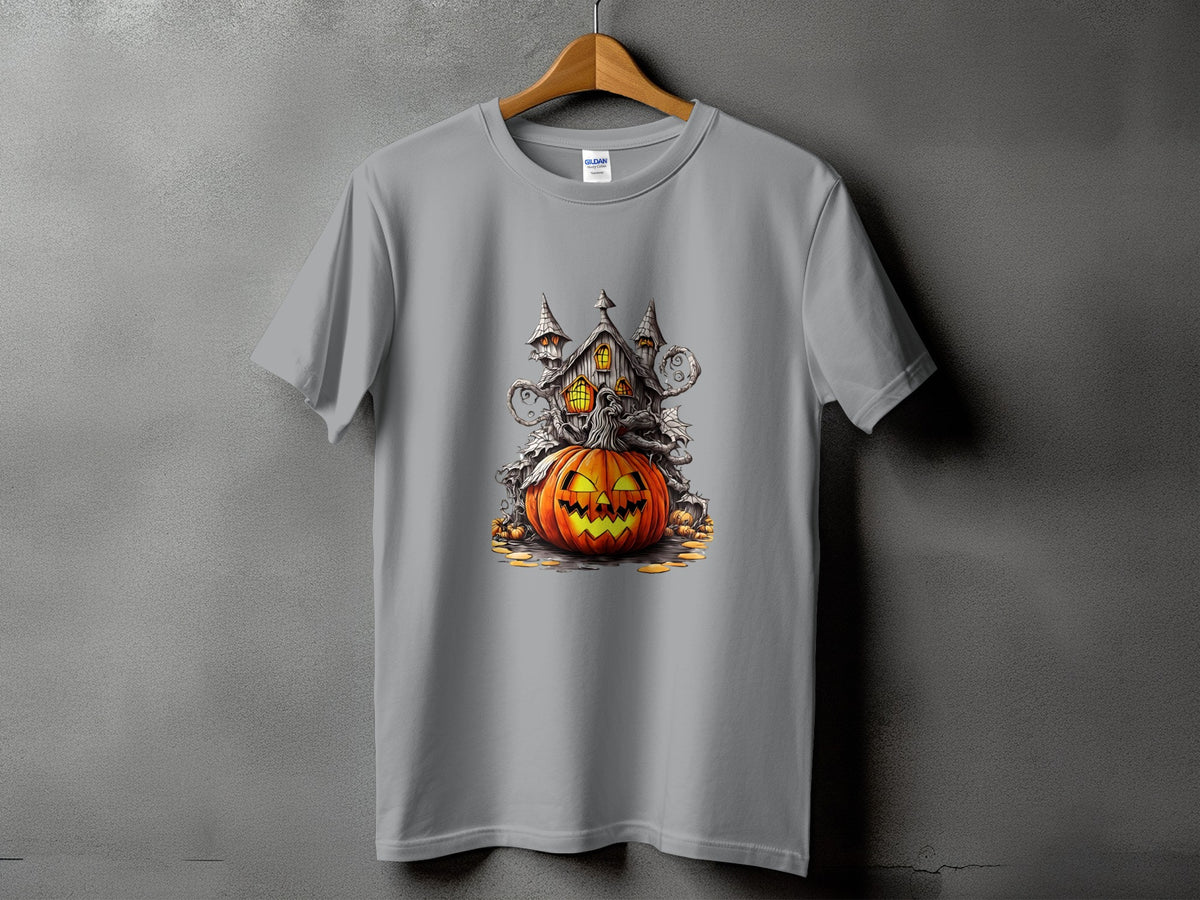 Gray t-shirt with a Halloween graphic of a haunted house and jack-o'-lantern.