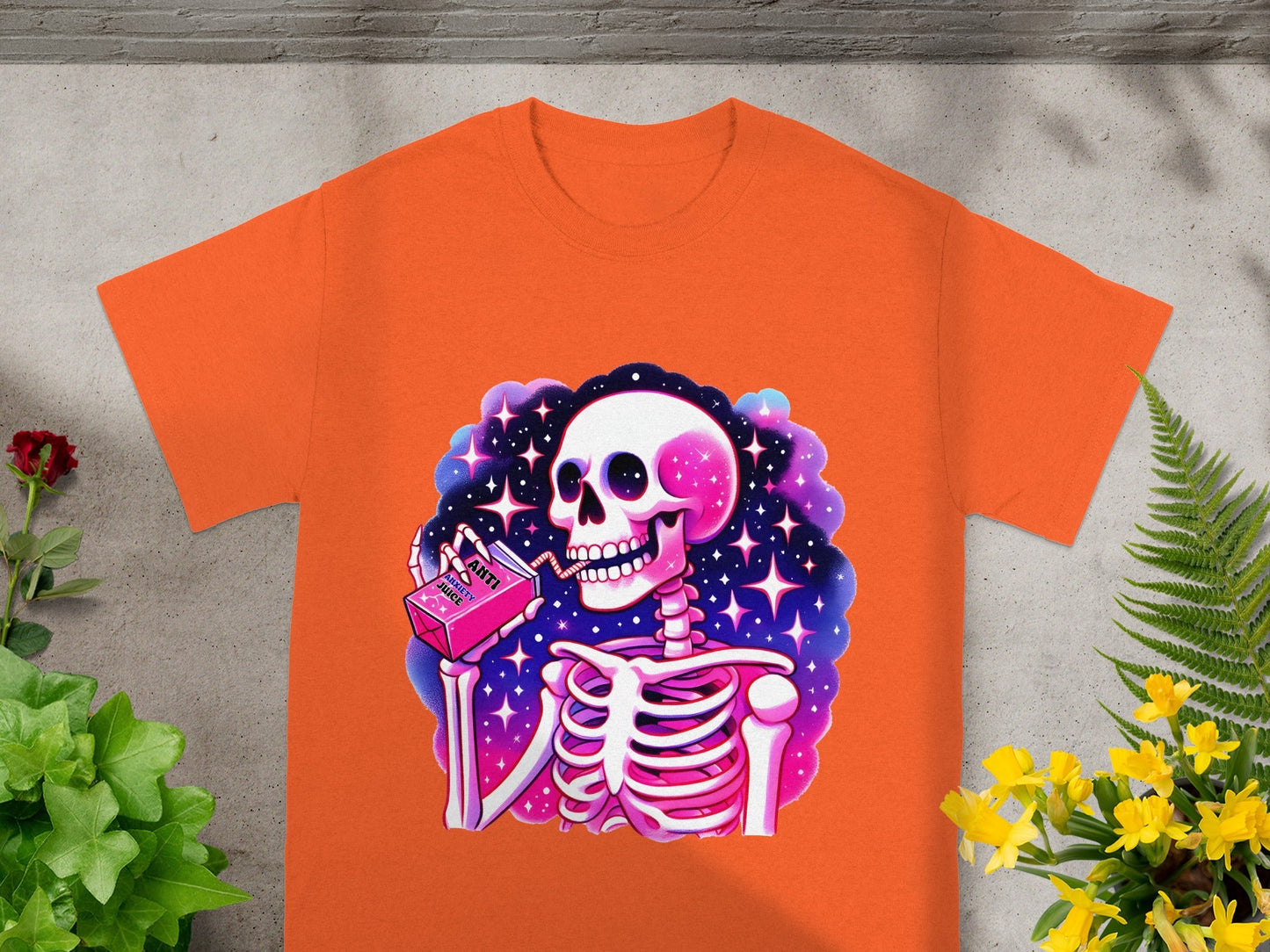 Vibrant Skeleton Drinking Juice Under Starry Sky Tee