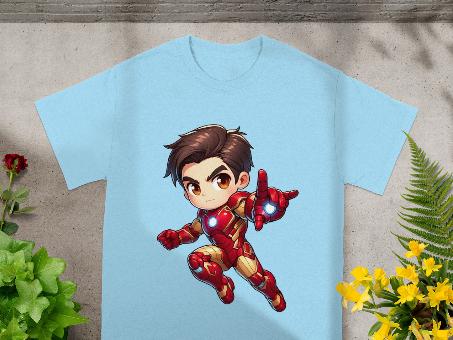 Light blue t-shirt with a chibi Iron Man cartoon graphic.