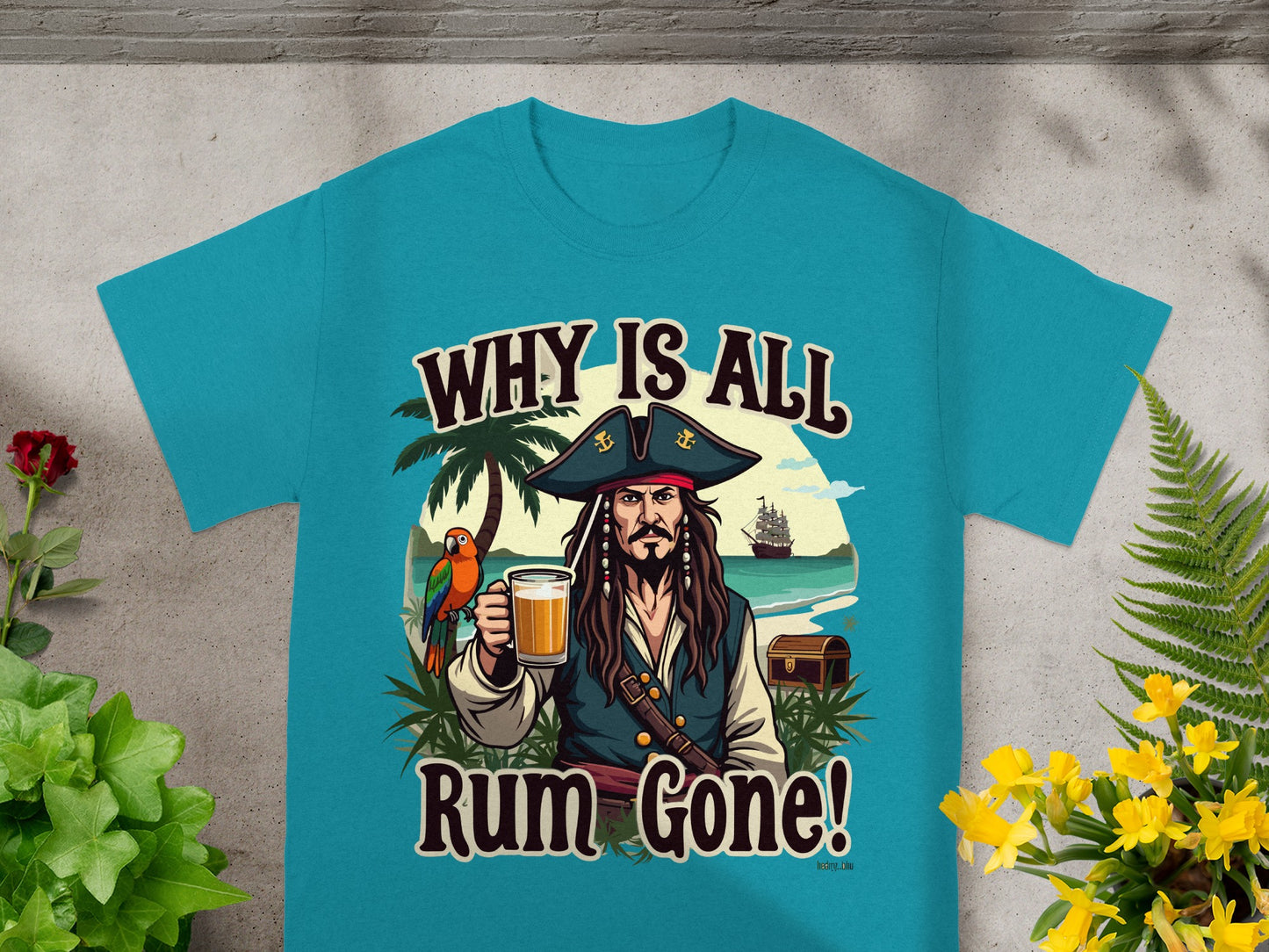 Pirate character with parrot and drink in front of beach scene, text reads "Why Is All Rum Gone!"