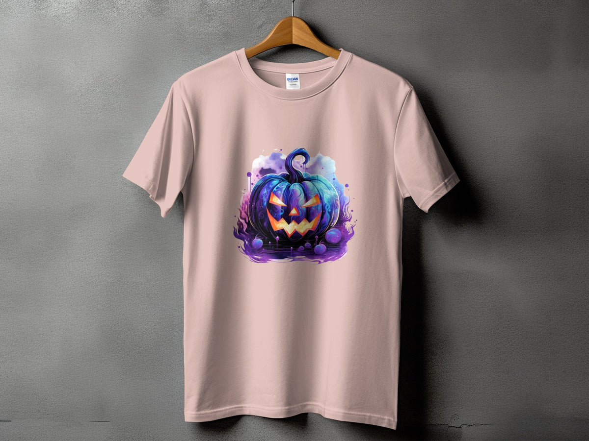 Pink t-shirt with a spooky blue jack-o'-lantern design and purple accents.