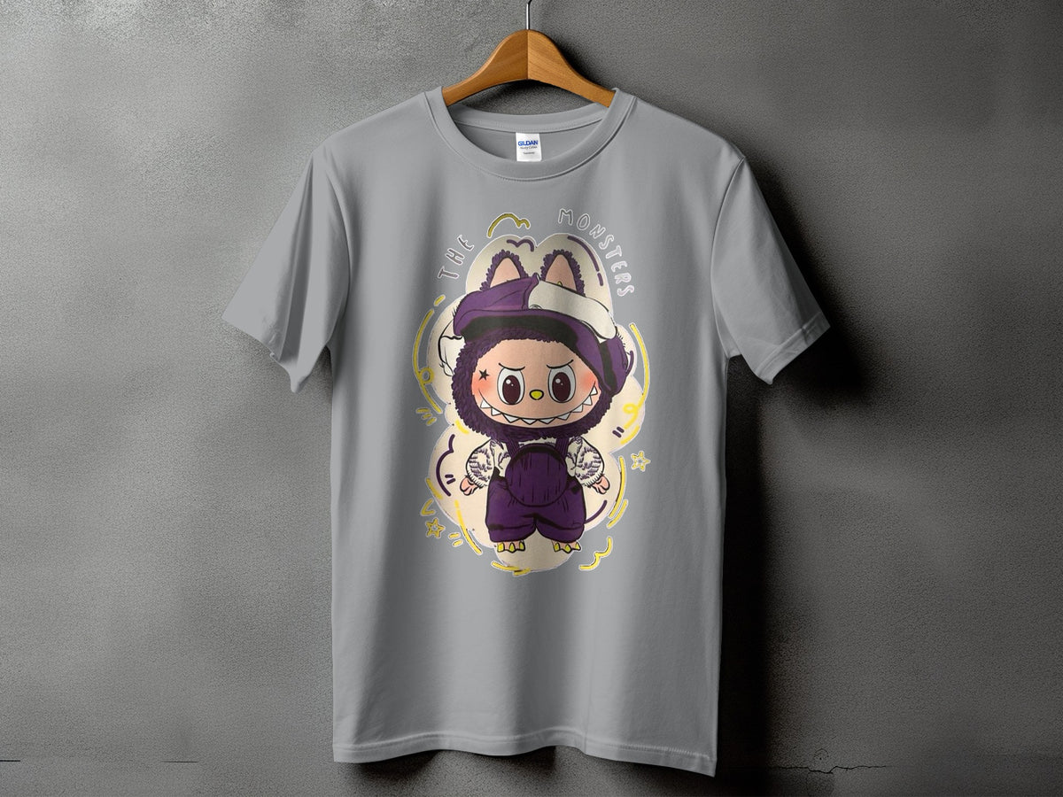 Grey t-shirt with "The Monsters" text and a cartoon monster graphic.