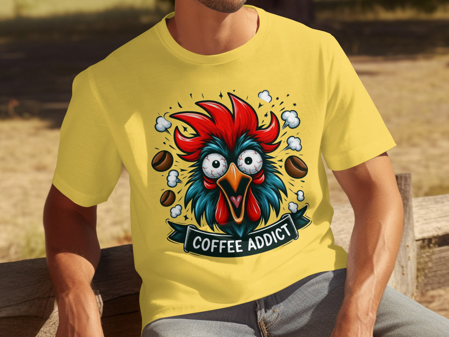 Fun Coffee Addict Rooster Graphic Tee Shirt Product