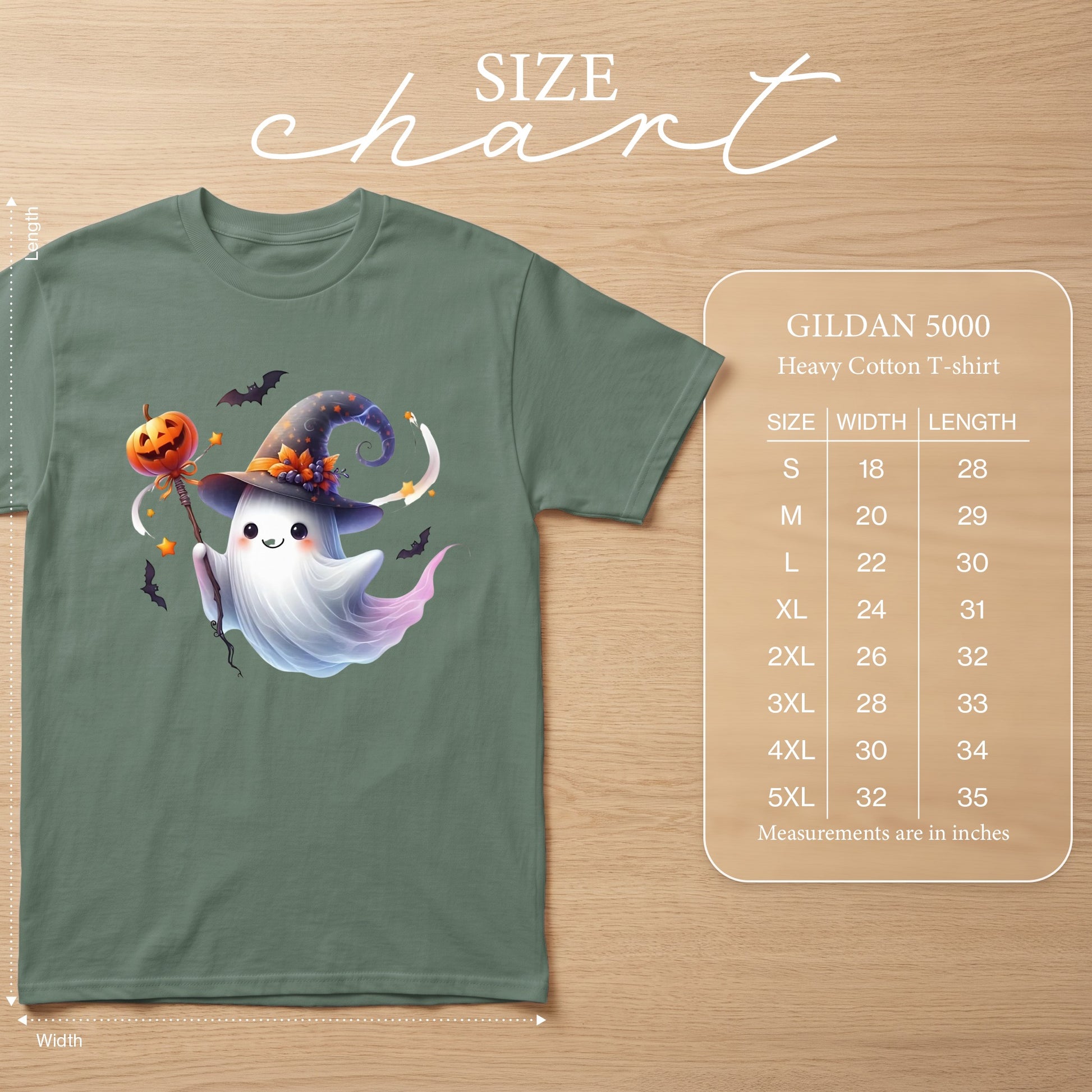 Green Gildan 5000 t-shirt featuring a cute ghost with a pumpkin staff and Halloween hat.