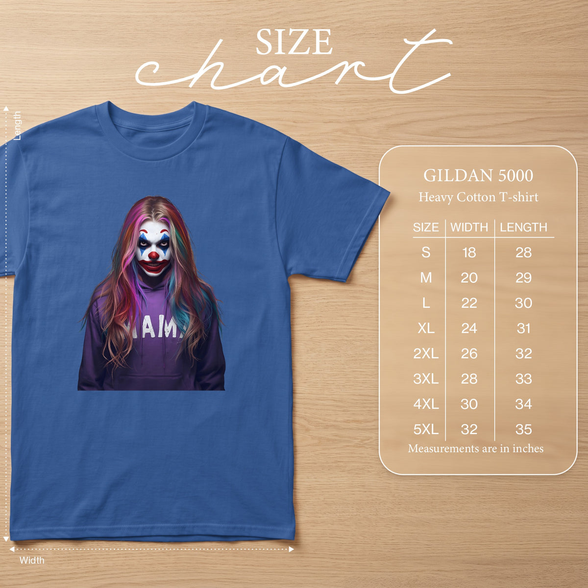 Blue t-shirt with a clown graphic and Gildan 5000 size chart.