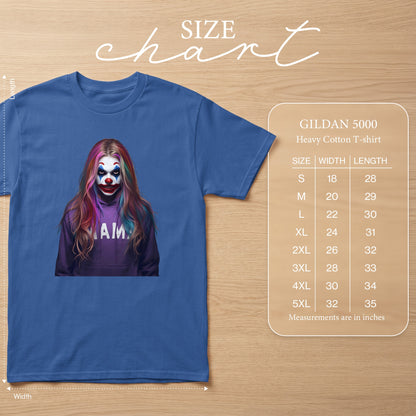 Blue t-shirt with a clown graphic and Gildan 5000 size chart.