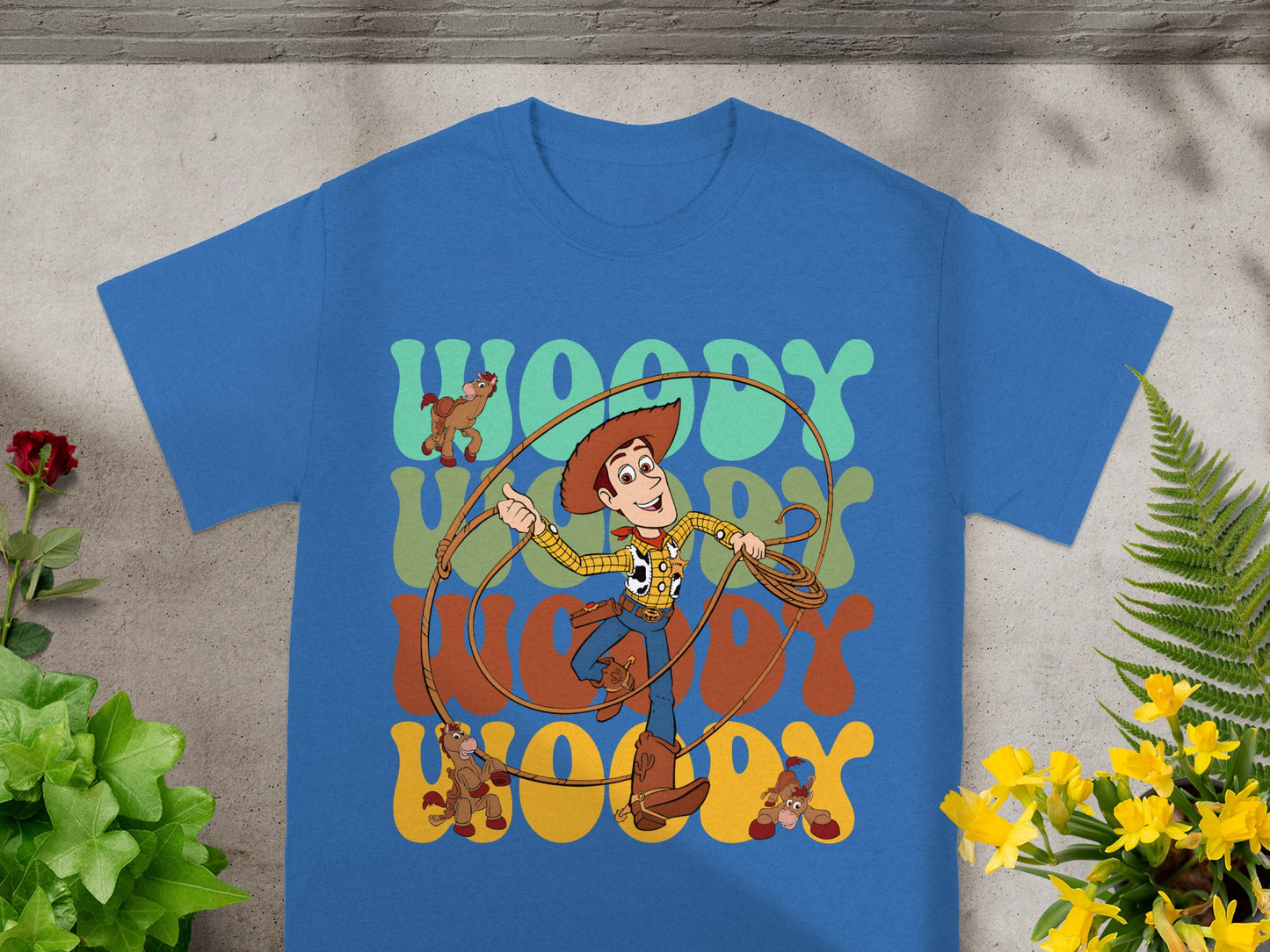 Woody character from Toy Story with Bullseye and Slinky Dog, playful pose.