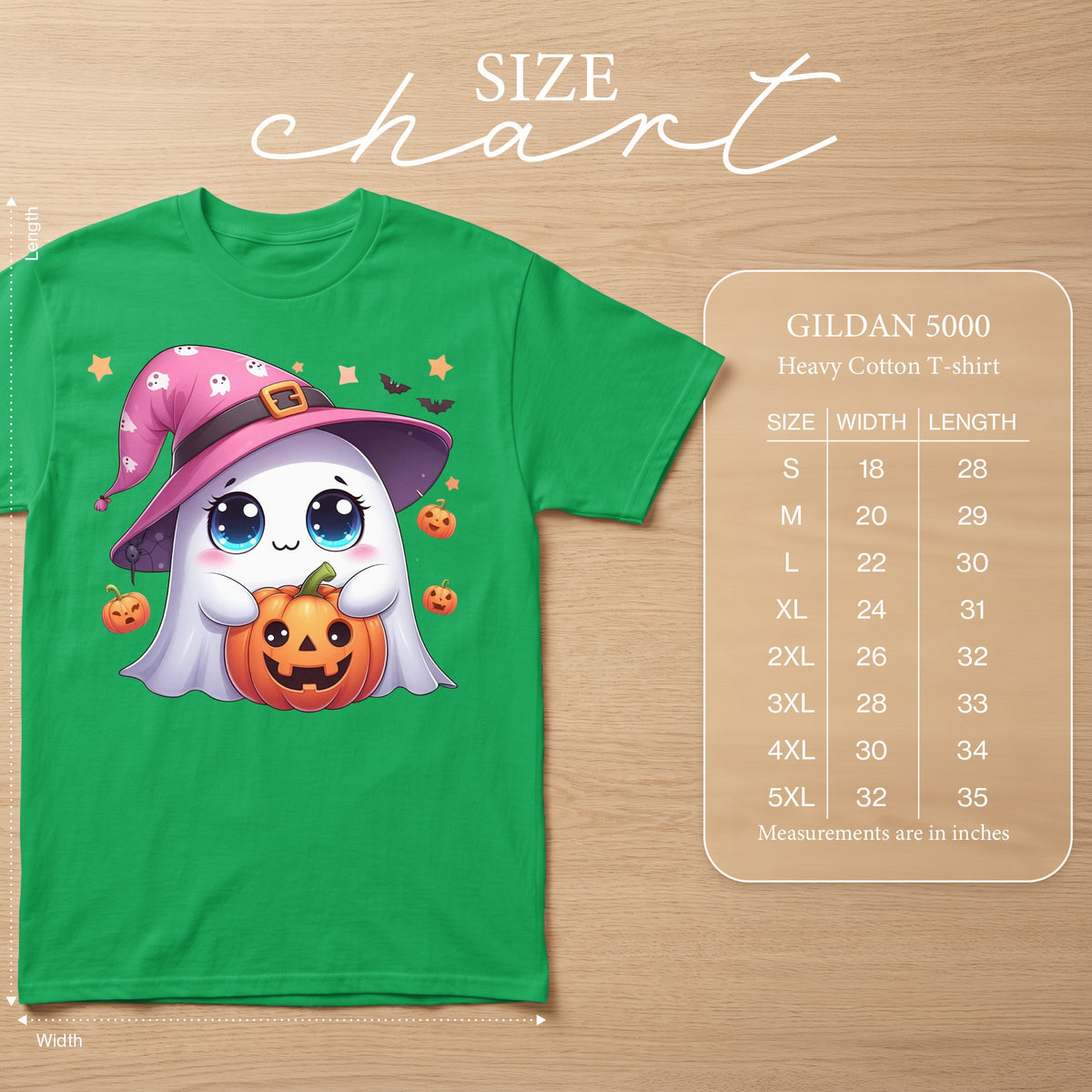 Green Gildan 5000 t-shirt with cute ghost holding pumpkin and size chart.