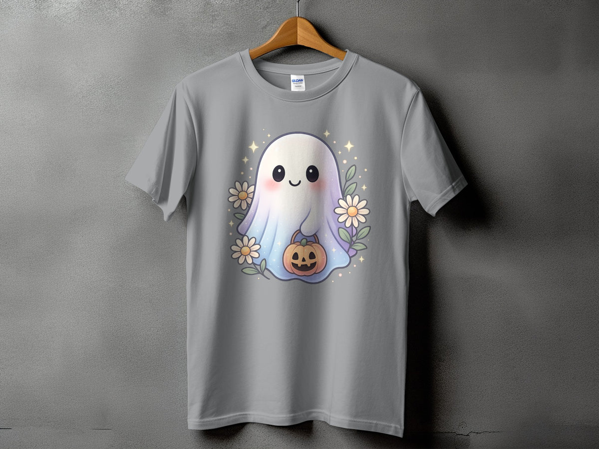 Grey t-shirt featuring a kawaii ghost holding a pumpkin with flowers.