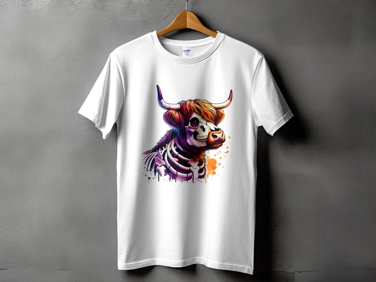 White t-shirt with a colorful skeletal cow graphic and watercolor splatter.