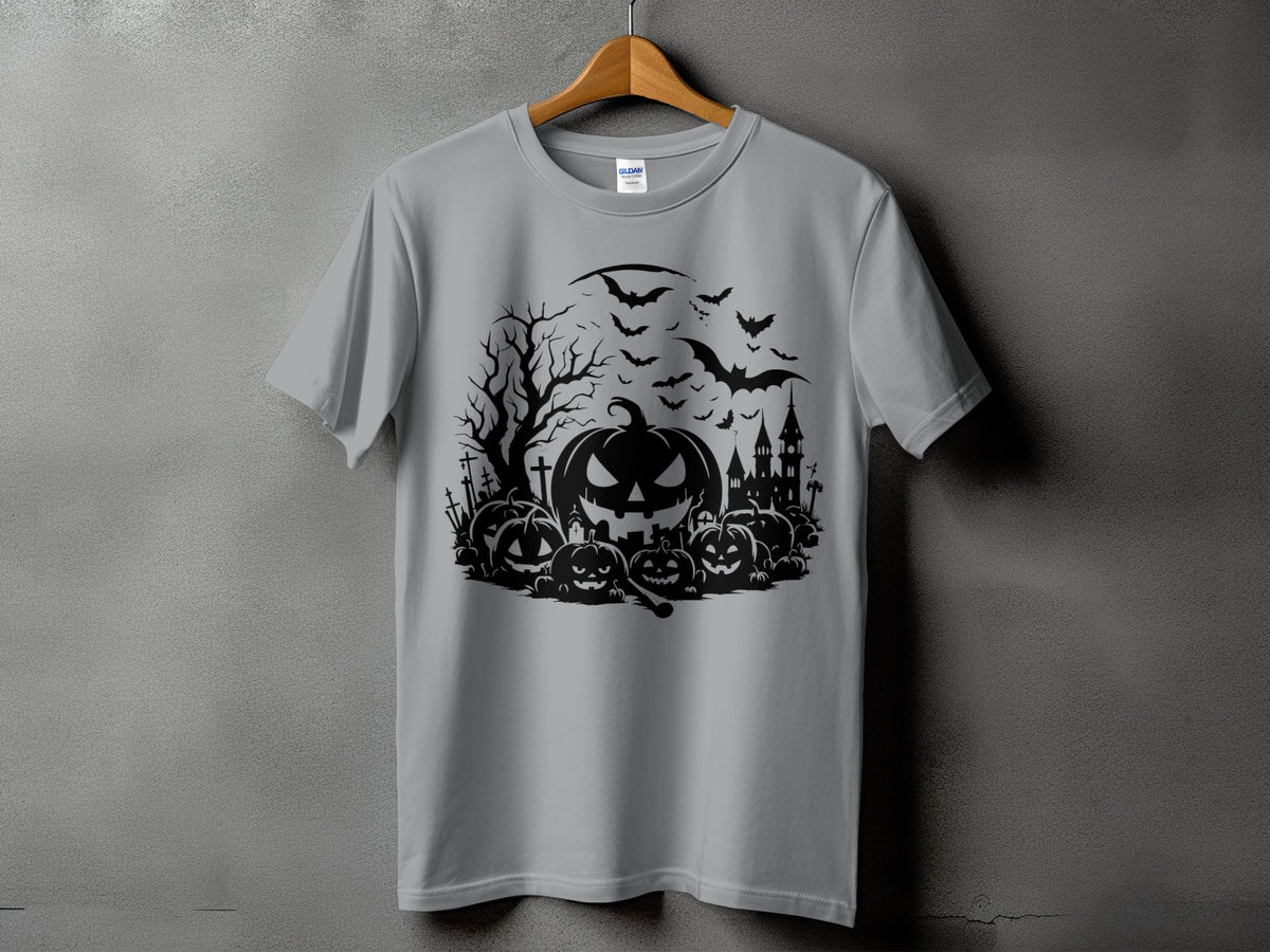 Grey t-shirt with a black Halloween graphic featuring pumpkins, a haunted house, and bats.