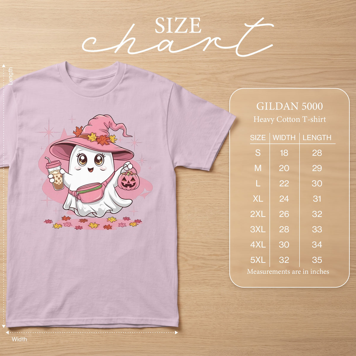 Pink t-shirt with ghost graphic, size chart, and Gildan 5000 Heavy Cotton T-shirt details.